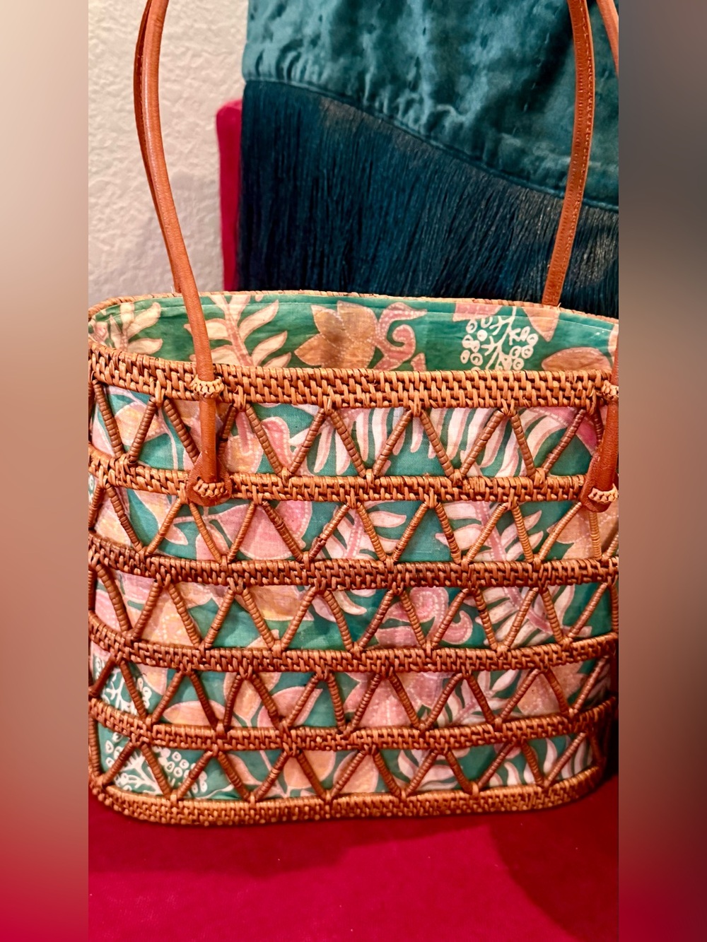 Beautiful Bali Woven Rattan Tote Bag with Teal Floral Lining